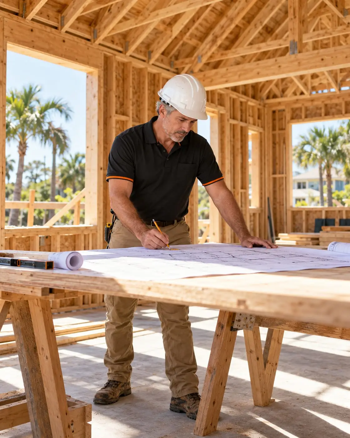 General contractor in a hard hat marking up plans on a sawhorse table inside a newly framed house
