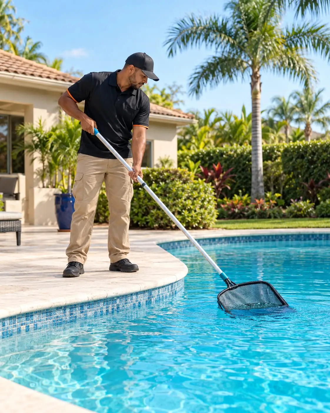 Pool technician skimming a backyard pool with palm trees behind him